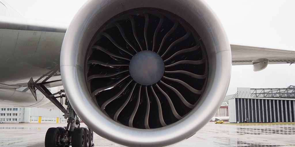 Close up of a aircraft turbine engine.